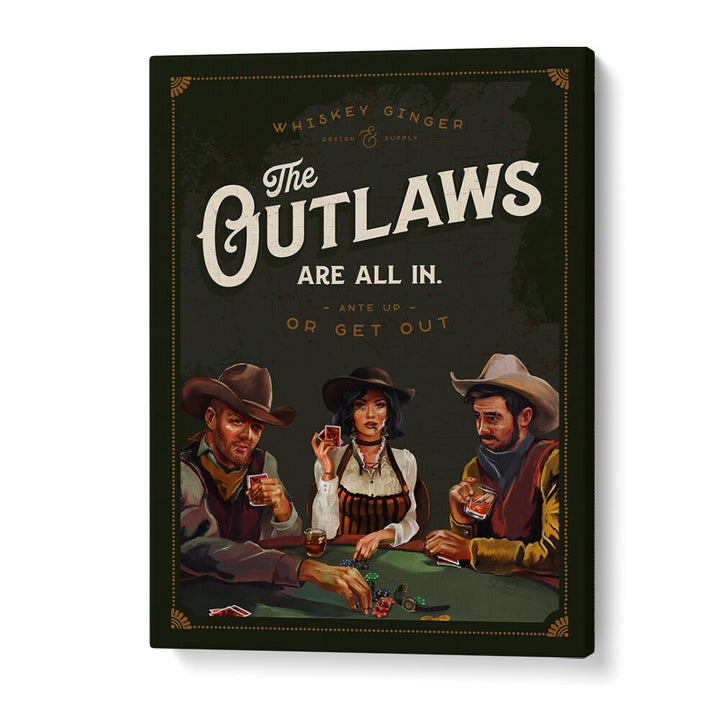 Vibrant OUTLAWS POKER, BAR art featuring cowboys at a poker table, perfect for your Wild West-themed space.