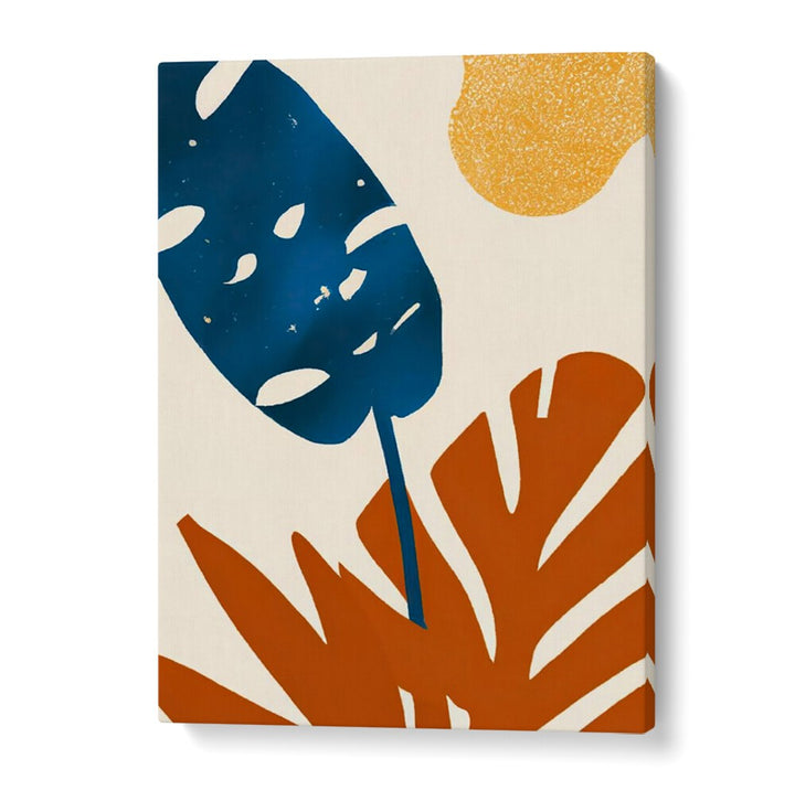PRIMARY PALMS , FLORAL FLOWER PAINTINGS featuring bold blue and rust leaves with a yellow sun by GalleryWrap.