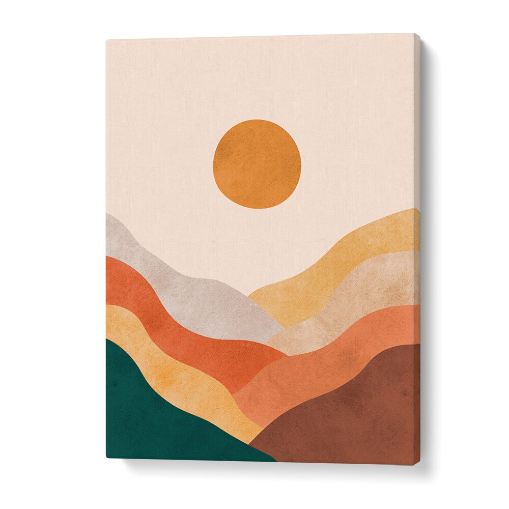 Colorful abstract hills under a sun capture tranquility in WATERCOLOR II, LANDSCAPE PAINTINGS for your space.