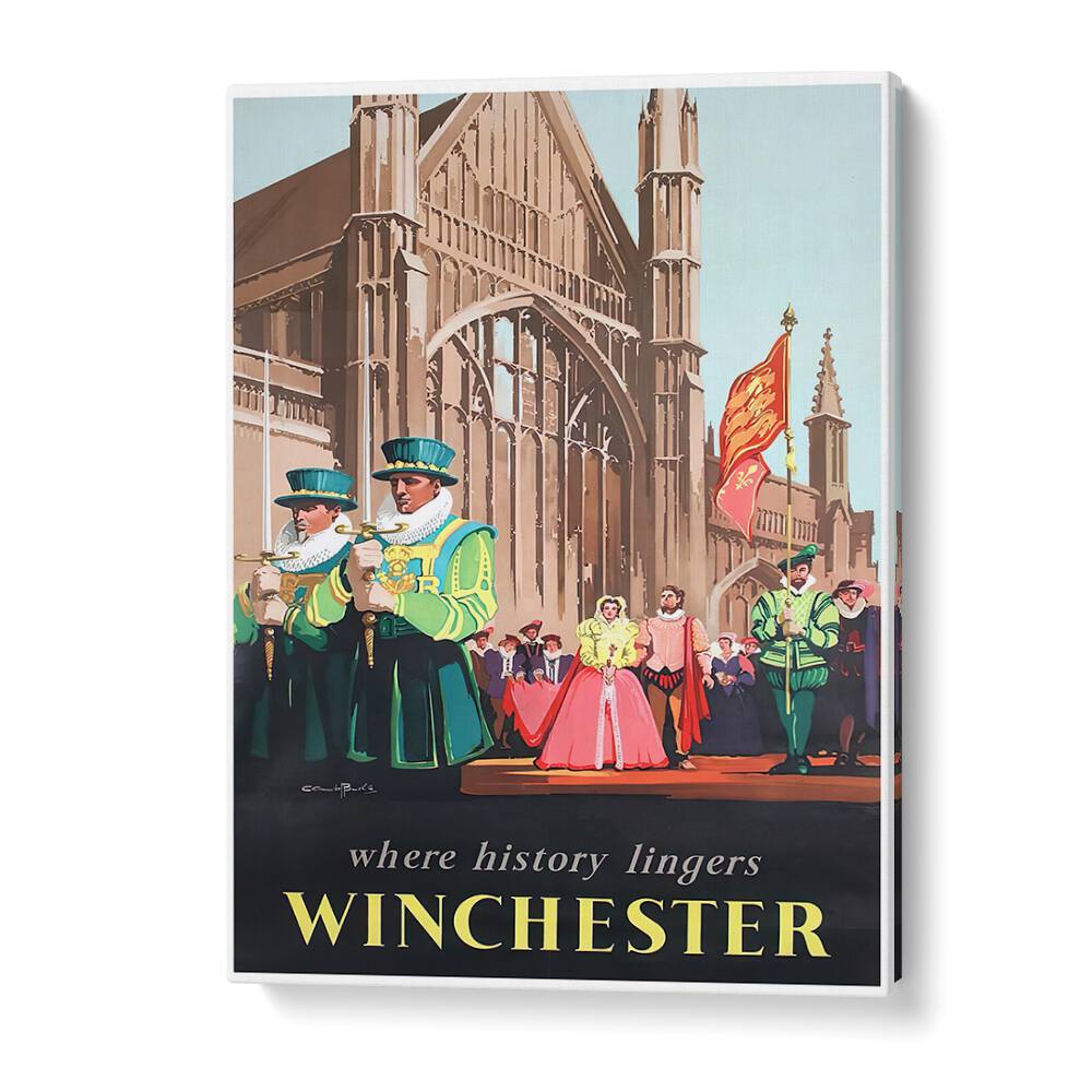 WINCHESTER, VINTAGE TRAVEL POSTERS showcasing historical charm with vibrant colors and iconic landmarks of Winchester.