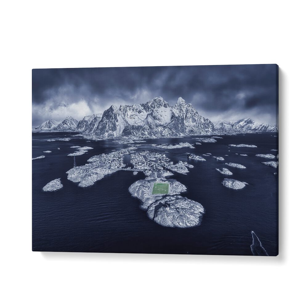 Stunning HENNINGSVABR photography prints showcasing a dramatic landscape of mountains and islands over tranquil waters.
