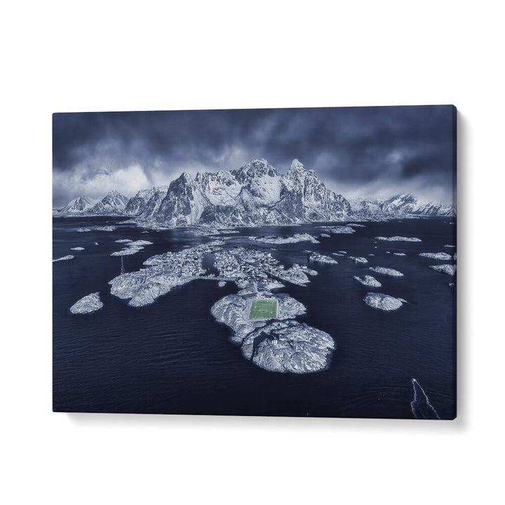 Stunning HENNINGSVABR photography prints showcasing a dramatic landscape of mountains and islands over tranquil waters.