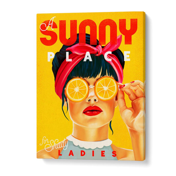 Vintage illustration of "A SUNNY PLACE , BAR" featuring a stylish woman with orange sunglasses and bold colors.