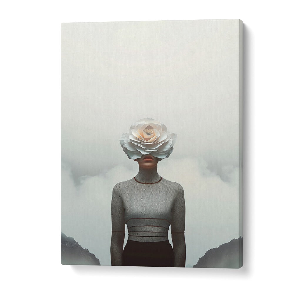 FLOWER FACE, SURREAL ART PRINTS featuring a figure with a rose for a head, blending nature and surrealism beautifully.