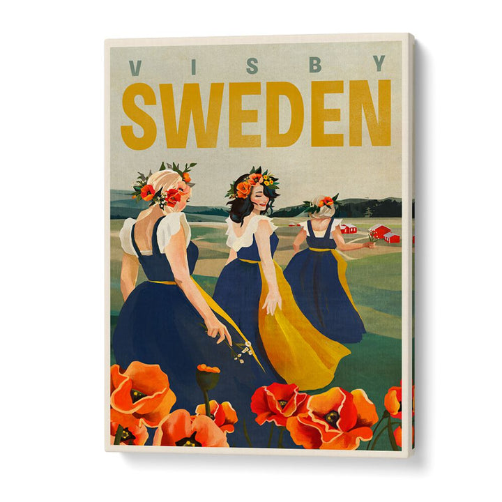 Visby Sweden Flower Girls, Travel Posters showcase vibrant women in floral crowns against picturesque landscapes.