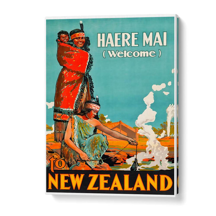 Haere Mai design in NEW ZEALAND V, VINTAGE TRAVEL POSTERS, showcasing rich culture and stunning landscapes.