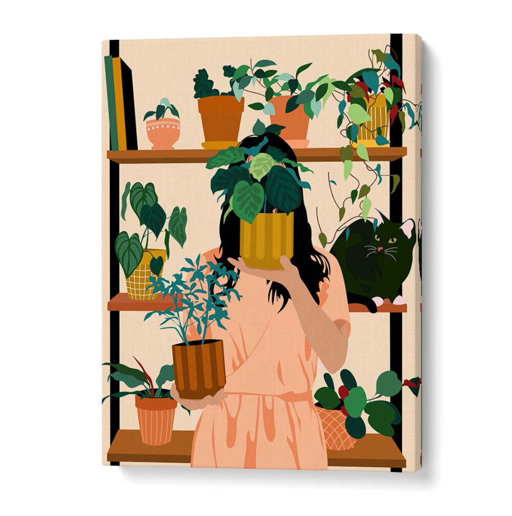 Potted Oasis, Boho Art Paintings showcase a serene indoor space filled with vibrant plants and cozy decor.