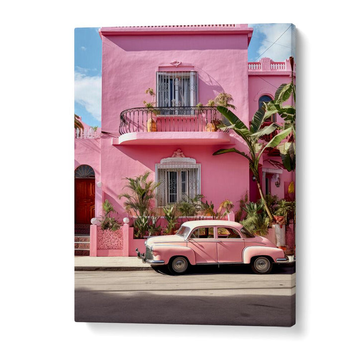 Vibrant MEXICAN LIFE VII, CAR POSTERS showcasing a classic pink car by a colorful pink house, perfect for decor.