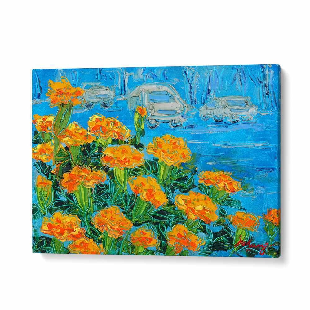 Vibrant MARIGOID CANVAS, FLORAL FLOWER PAINTINGS featuring bright marigolds against a blue background, perfect for decor.
