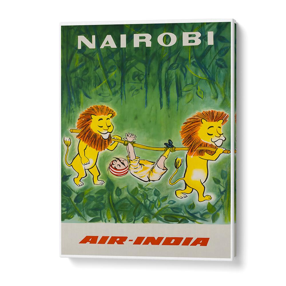 NAIROBI I, VINTAGE TRAVEL POSTERS showcase vibrant artwork of lions and adventure in Nairobi's lush landscape.