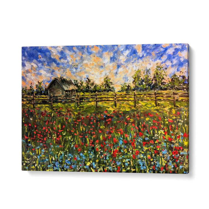 Vibrant COUNTRYSIDE, LANDSCAPE PAINTINGS showcasing a charming cottage amidst blooming flowers and a clear blue sky.