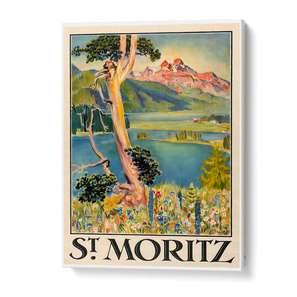 Stunning St Moritz, Vintage Travel Posters evoke Swiss Alps charm and luxury, perfect for any travel enthusiast.