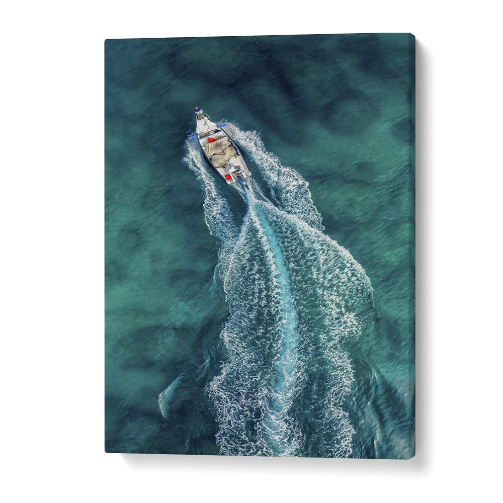 Stunning aerial view of a boat creating waves, showcasing AERIAL PURSUIT, PHOTOGRAPHY PRINTS for art lovers.