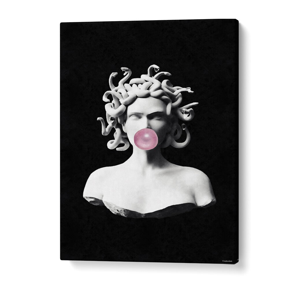 Medusa Pink Bubblegum, Altered Art Prints by Underdott features a whimsical Medusa blowing bubblegum.