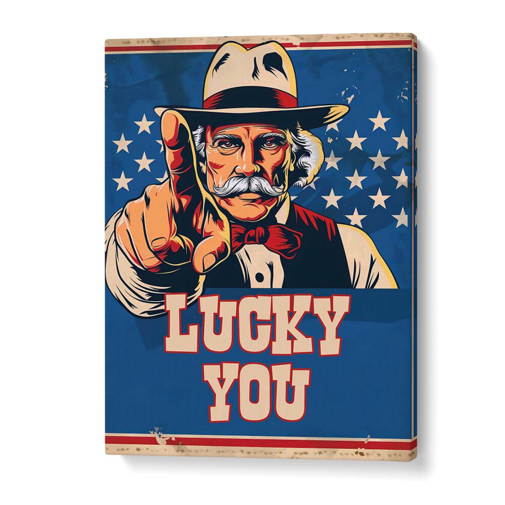Colorful artwork featuring "LUCKY YOU , COWBOY" poster, embodying Americana spirit and motivational quotes.