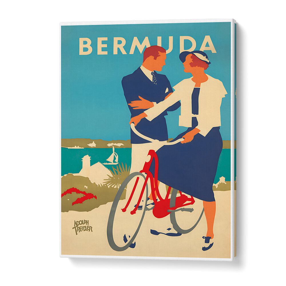 Classic BERMUDA I, VINTAGE TRAVEL POSTERS featuring a couple on a bike, perfect for nostalgic decor lovers.