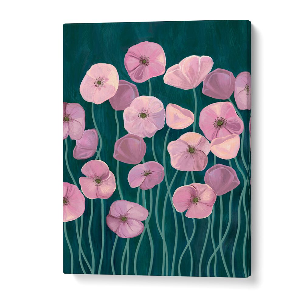 Vibrant PINK POPPIES II, FLORAL FLOWER PAINTINGS showcasing delicate pink blooms on a rich teal background.