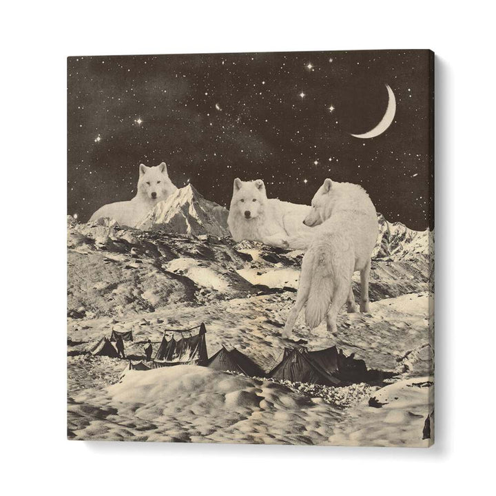 Majestic giant white wolves roam a surreal landscape in this stunning art print, perfect for art lovers.
