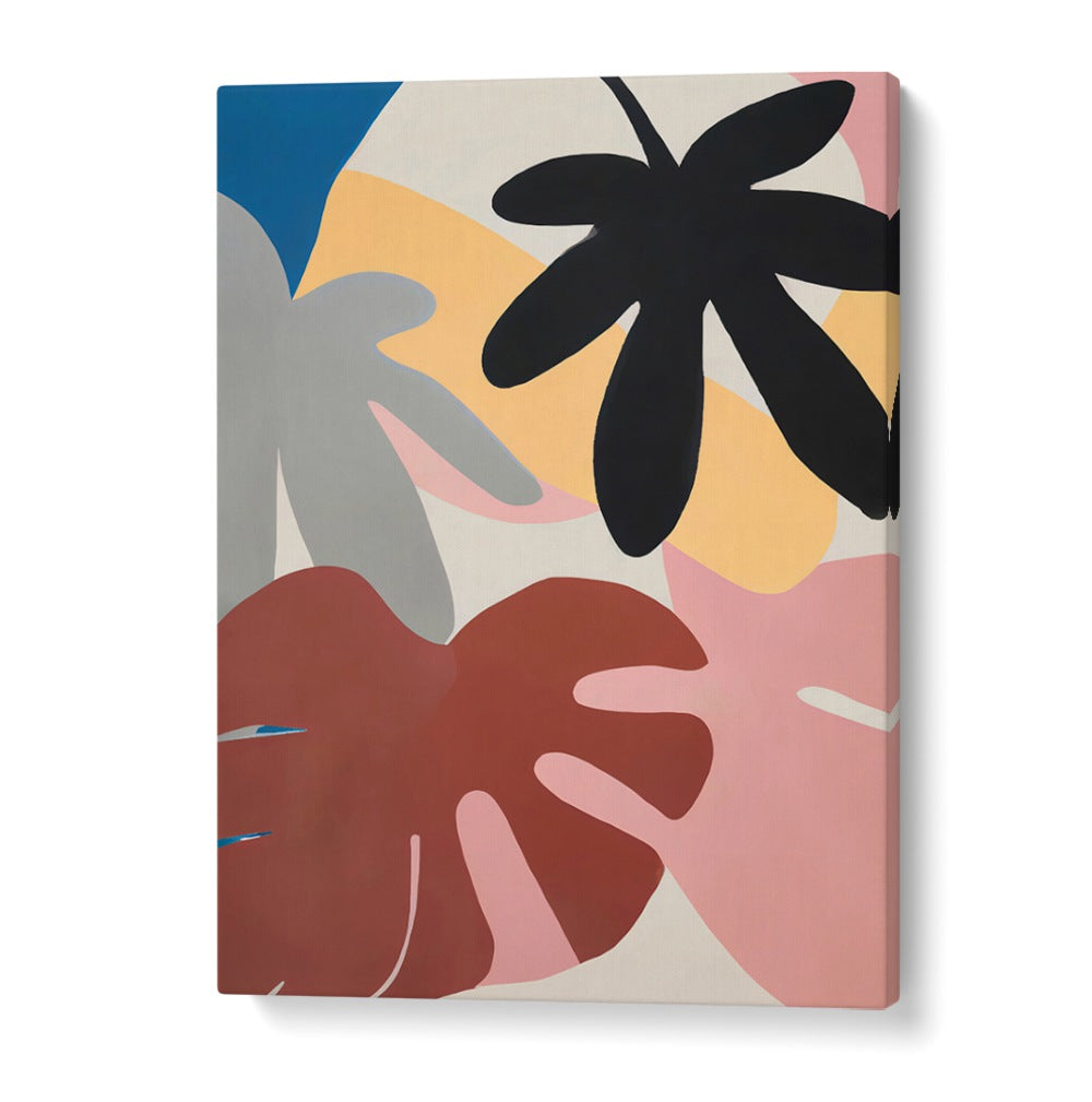 JUNGLE VIBES, FLORAL FLOWER PAINTINGS with bold tropical leaves in muted tones enhancing modern home decor.