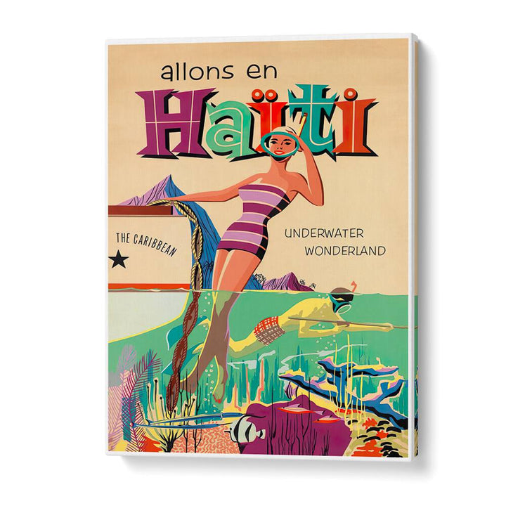 ALLONS EN HAITI, VINTAGE TRAVEL POSTERS showcase vibrant Haitian culture and underwater beauty, perfect for any space.