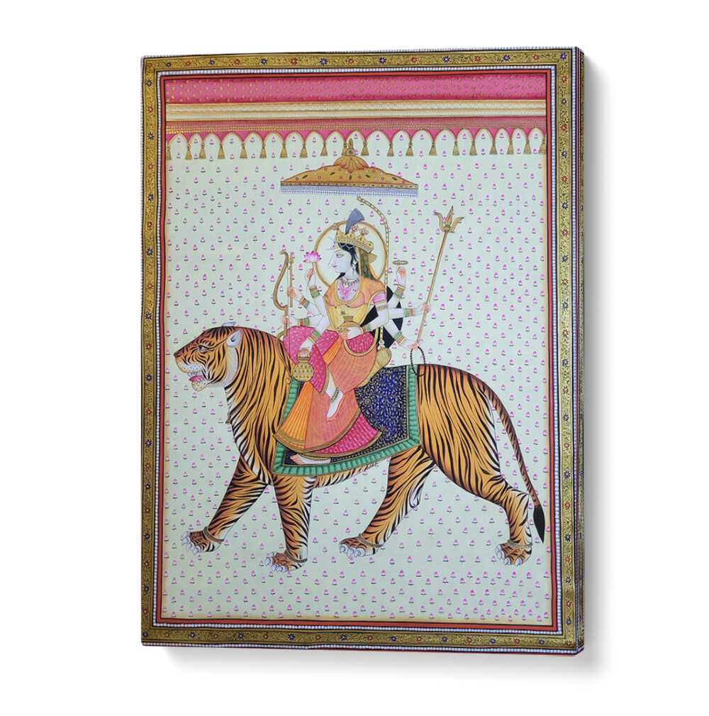 Exquisite MAA DURGA, INDIAN ART PAINTINGS, showcasing Goddess Durga's divine essence on a majestic tiger.