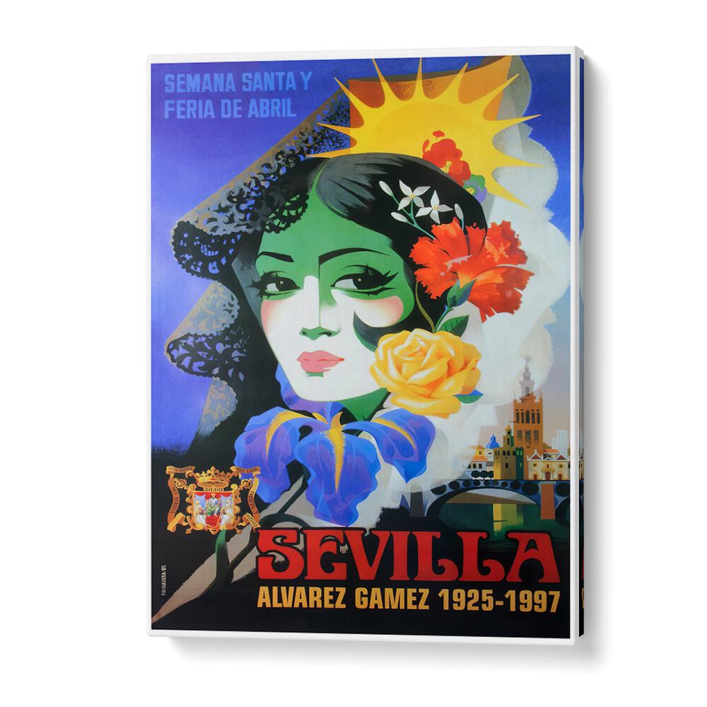 Colorful SEVILLA, VINTAGE TRAVEL POSTERS featuring traditional Spanish culture and vibrant floral motifs for stylish decor.