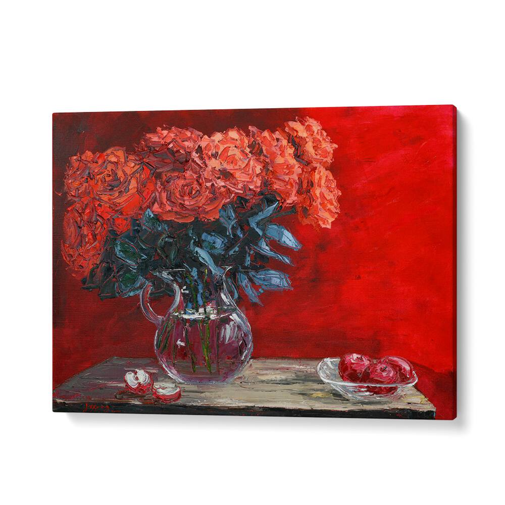 VIBRANT FLOWER SCENT, FLORAL FLOWER PAINTINGS showcase stunning roses against a bold red backdrop, perfect for decor.
