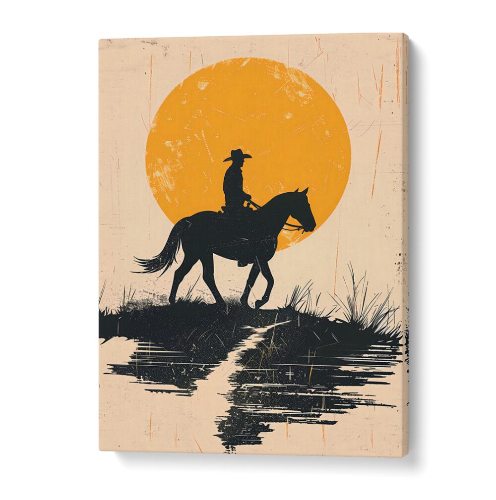 Stunning COWBOY IN THE SUNSET painting, capturing the spirit of the American West with a lone cowboy silhouette.
