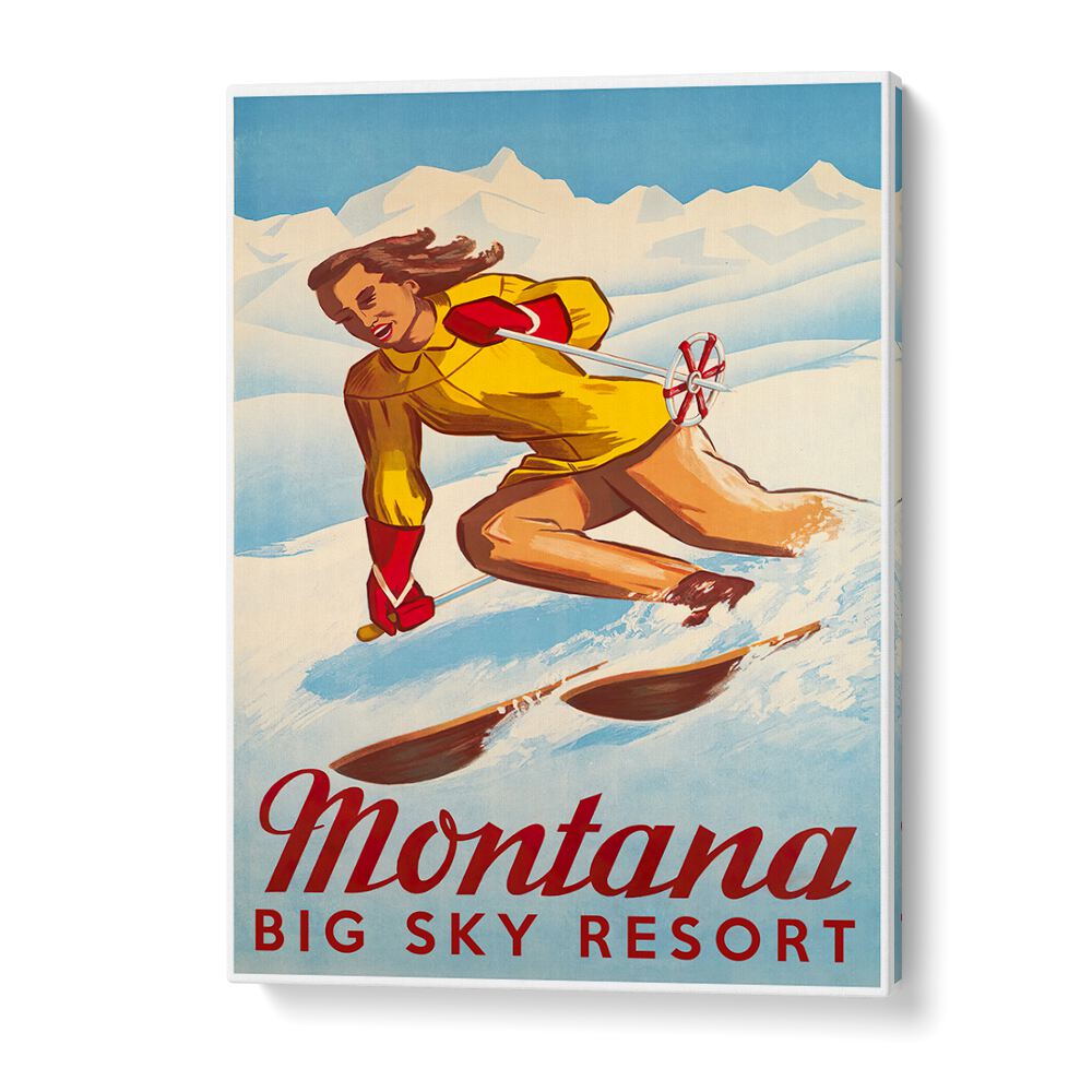 Vintage travel poster featuring a skier at Montana's Big Sky Resort, ideal for home decor. MONTANA, VINTAGE TRAVEL POSTERS.