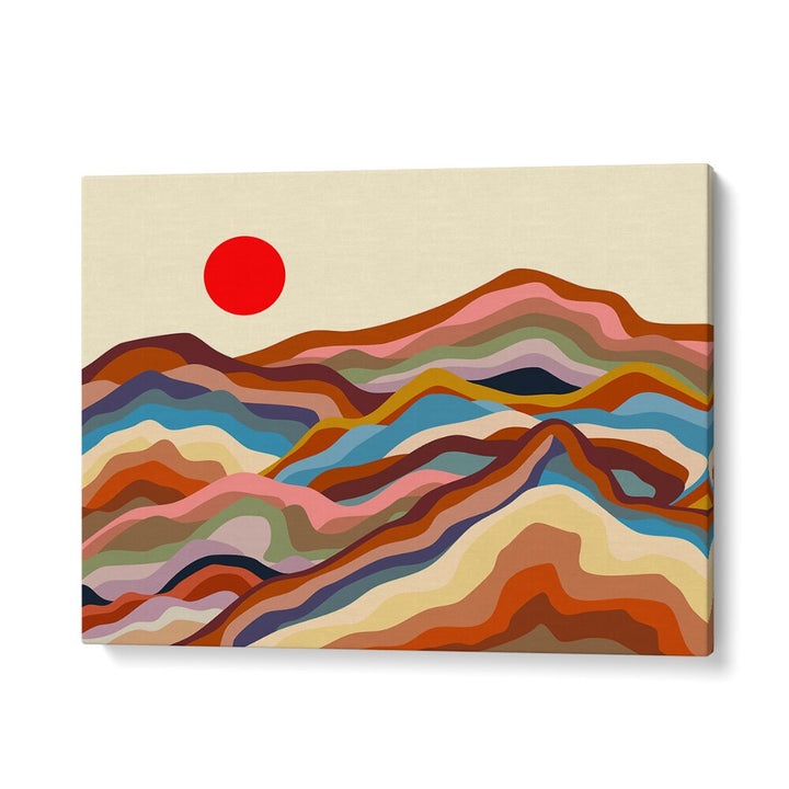 Vibrant EARTHEN MAJESTY, LANDSCAPE PAINTINGS piece featuring colorful hills and a striking sun, perfect for home decor.