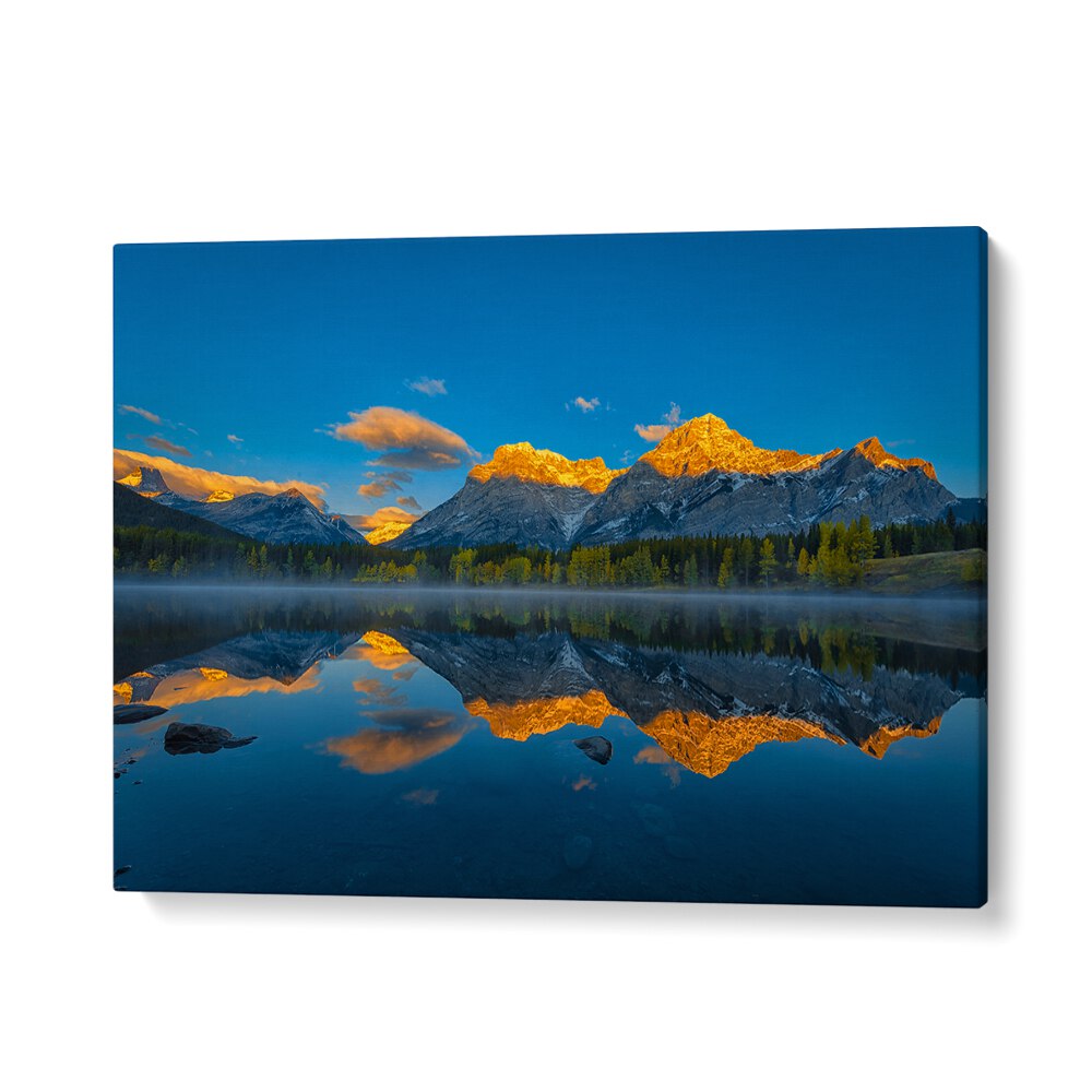 Stunning reflection of mountains at dawn in A PERFECT MORNING IN CANADIAN ROCKIES, PHOTOGRAPHY PRINTS.