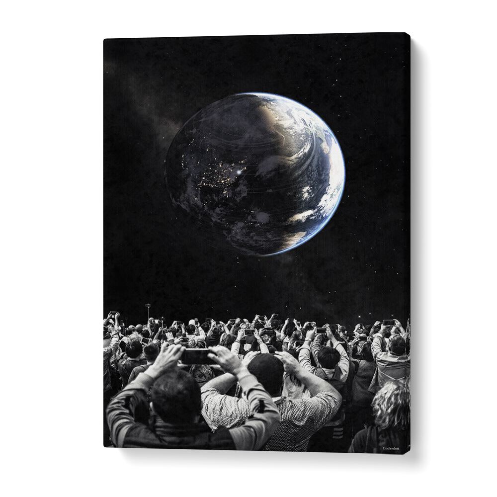 Captivating scene from OBSERVERS, SURREAL ART PRINTS showcasing a crowd marveling at an otherworldly view.