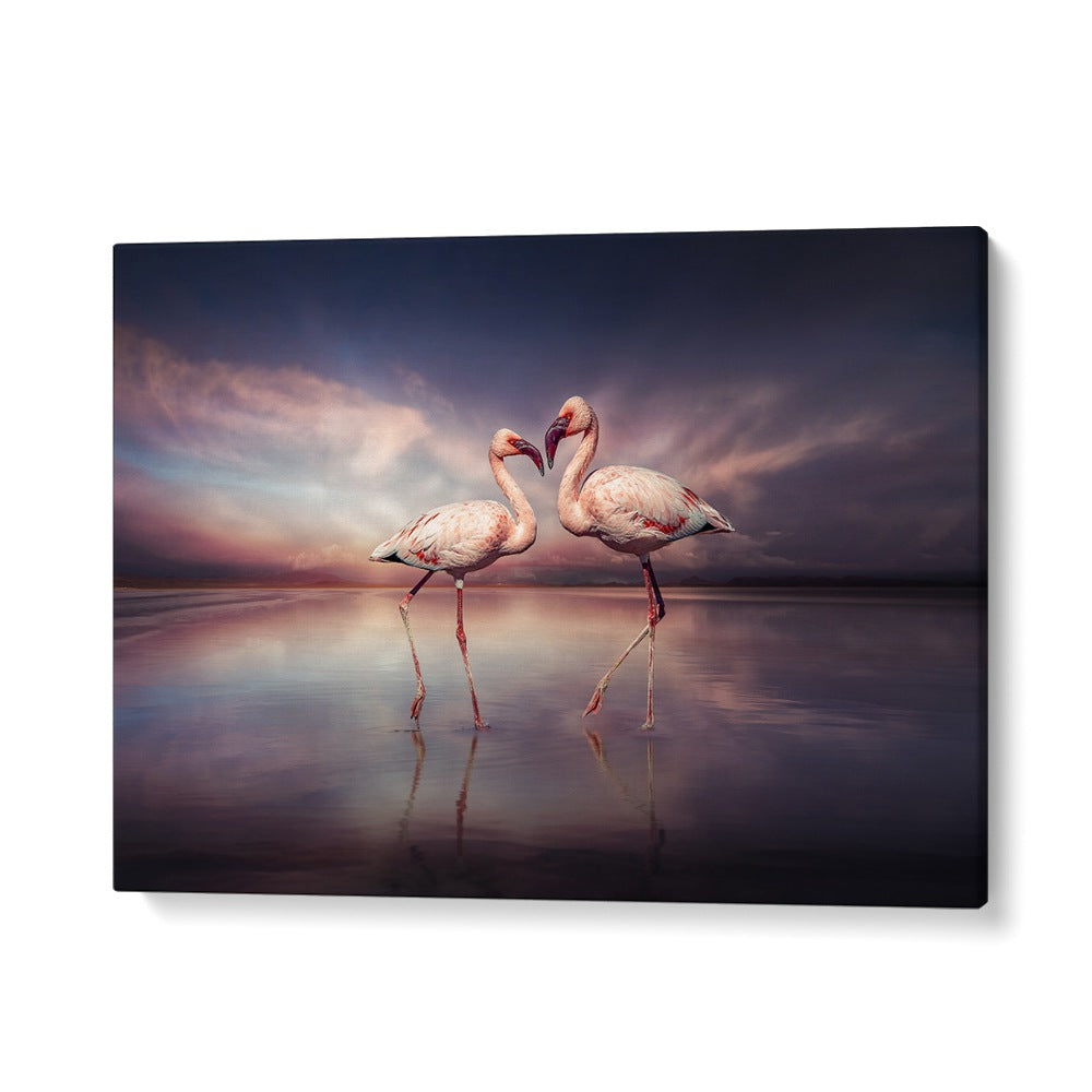Pair of flamingos in a surreal setting, embodying FLAMINGO LOVE, PHOTOGRAPHY PRINTS for vibrant home decor.