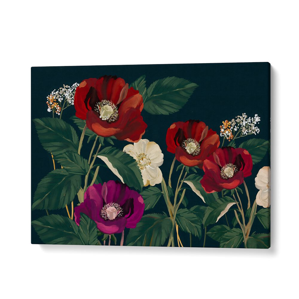 Colorful STELLABLOOM AZUREA, FLORAL FLOWER PAINTINGS featuring lush blooms on a dark background, perfect for home decor.