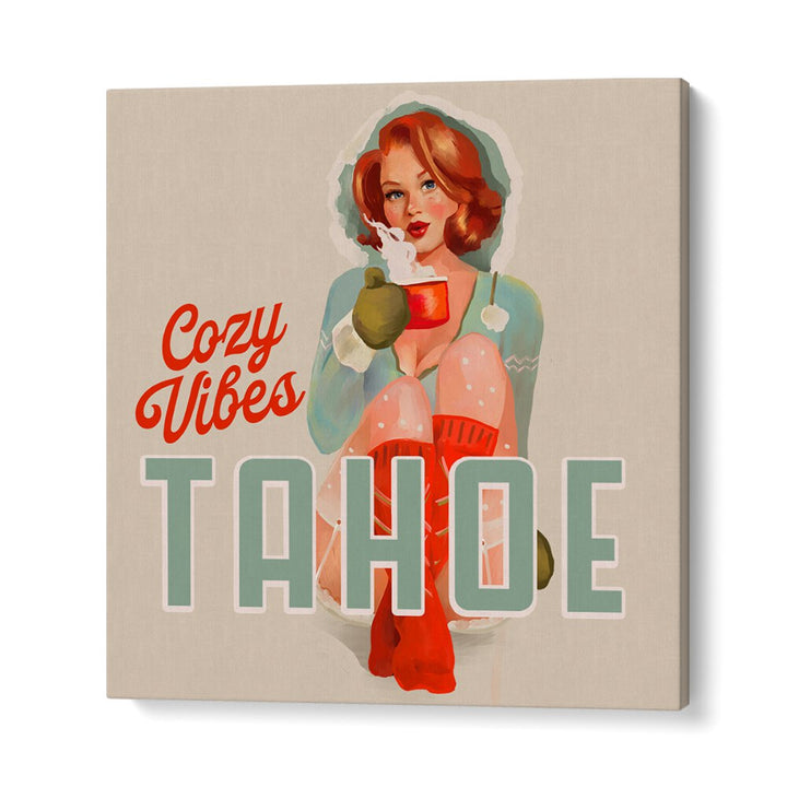 Celebrate warmth with the COZY VIBES, BAR art featuring a stylish woman in winter attire, perfect for your cafe.