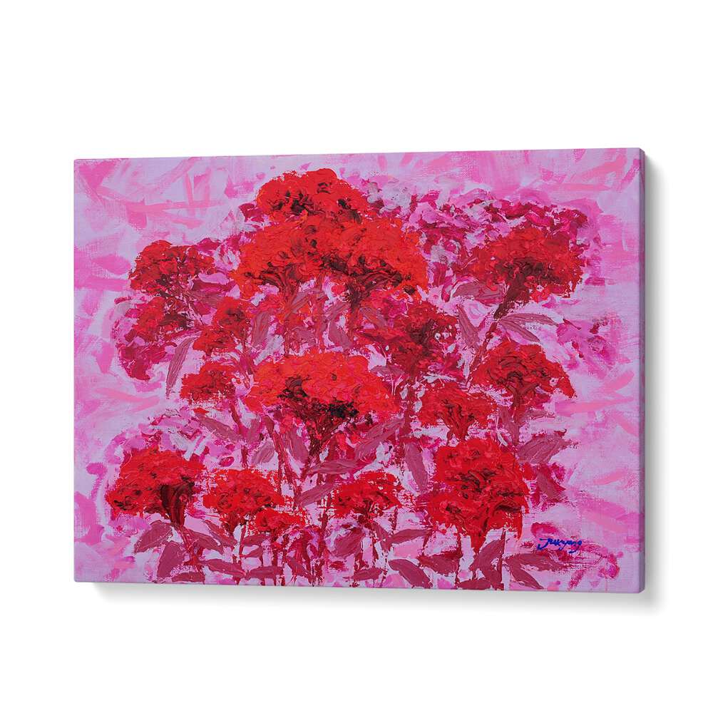 Vibrant COCKSCOMB CANVAS, FLORAL FLOWER PAINTINGS featuring bold reds against a soft pink background. Perfect decor piece.