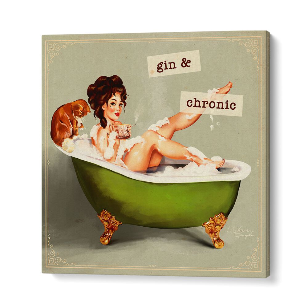 Elegant woman relaxing in a bath, showcasing GIN AND CHRONIC, PORTRAITS art collection with playful charm.