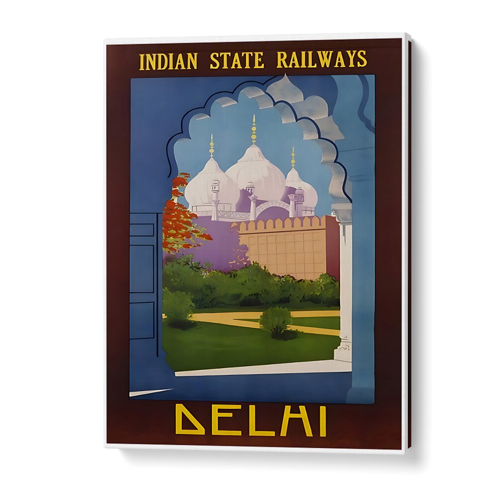 Delight in the artistry of INDIAN RAILWAYS, VINTAGE TRAVEL POSTERS, showcasing Delhi's iconic architecture and heritage.