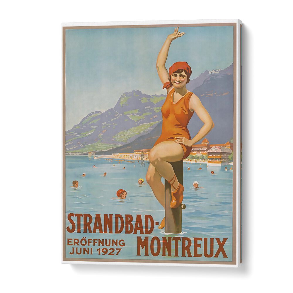 Enchanting MONTREUX, VINTAGE TRAVEL POSTERS showcase a lively 1927 scene of leisure and stunning landscapes.