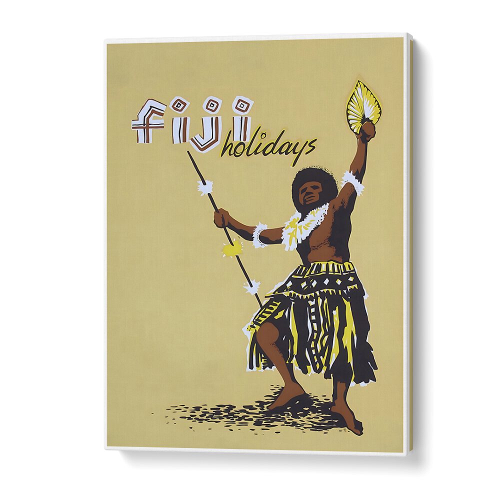 Explore the charm of FIJI, VINTAGE TRAVEL POSTERS featuring a vibrant tribal dancer, perfect for your decor.