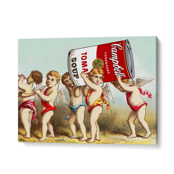 Whimsical WE HAVE A SNACK, ALTERED ART PRINTS by Dikhotomy featuring cherubs with a soup can for a playful touch.