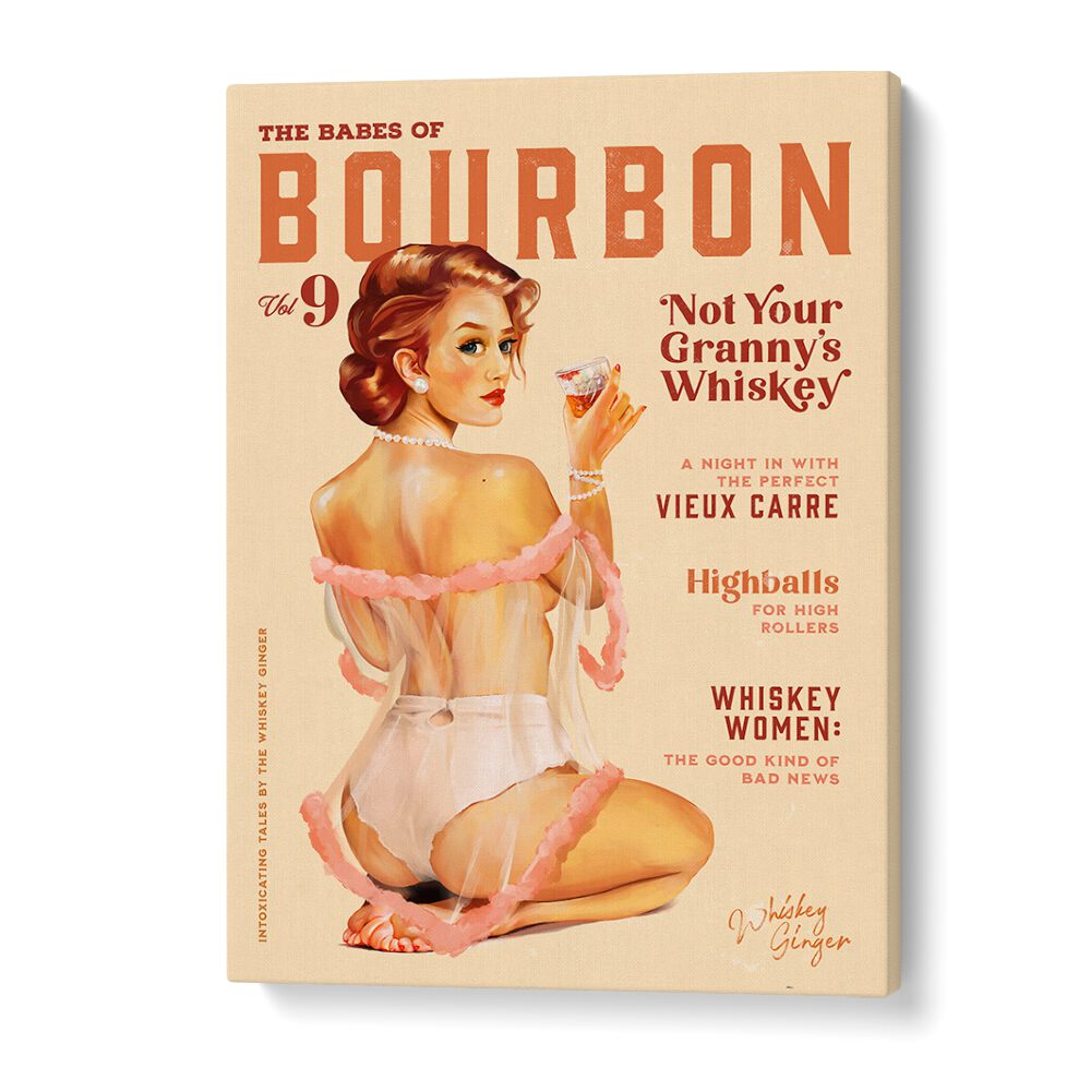 Vintage pinup art of WHISKEY BABES, BAR captures the charm of Bourbon nightlife and classic elegance.