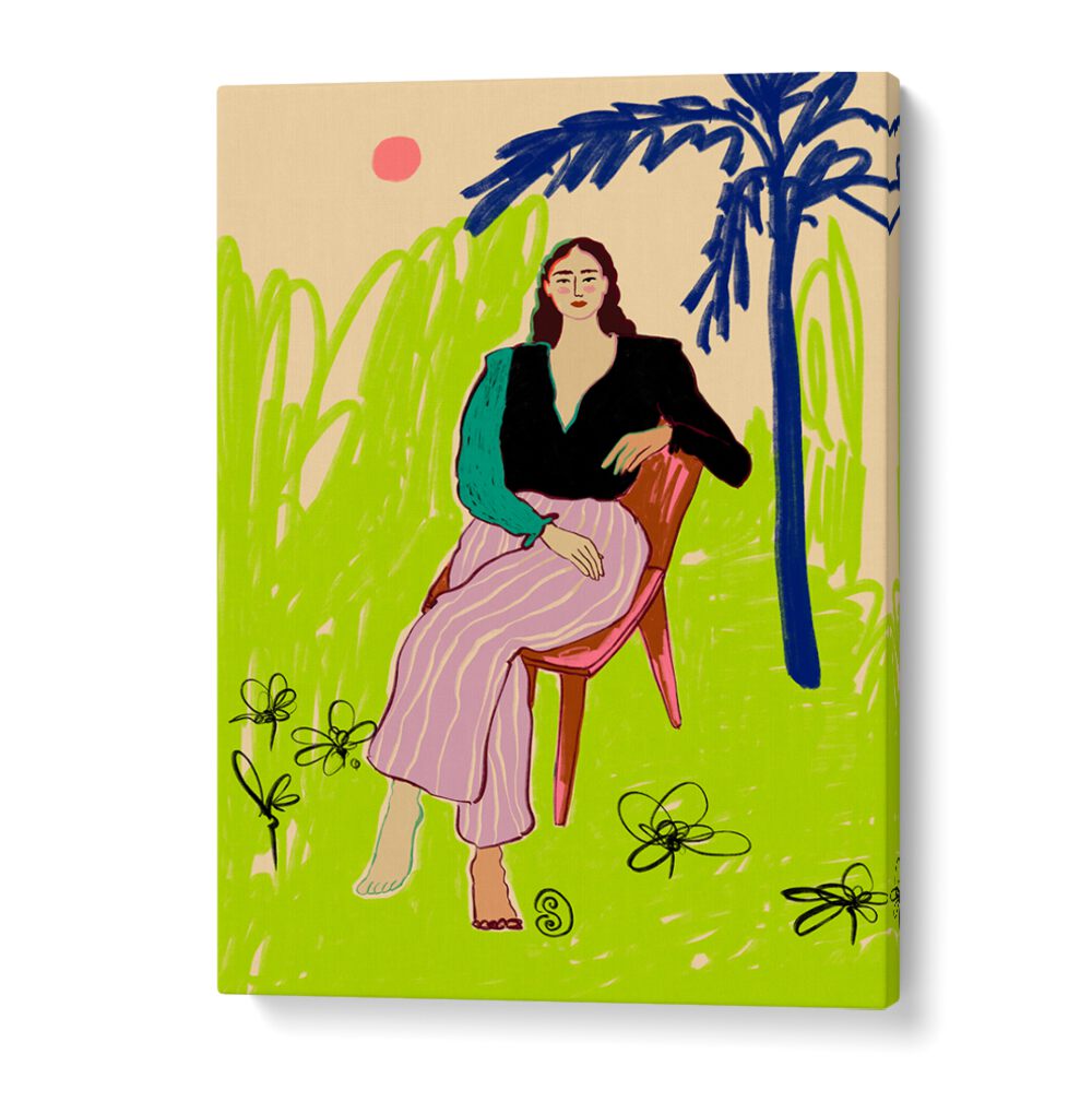 Vibrant art print featuring a relaxed woman in a serene setting, perfect for adding color to your space.