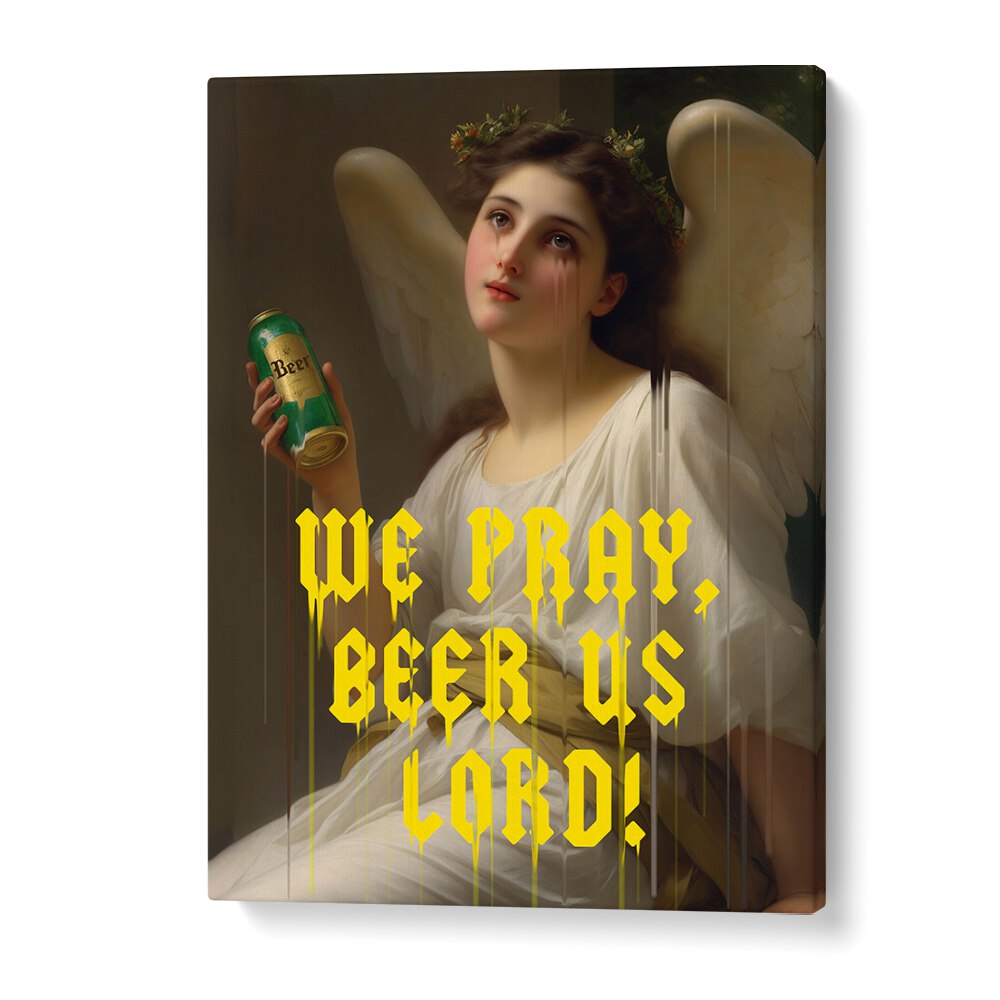 Delightful altered art print "WE PRAY BEER US LORD" by Dikhotomy blends spirituality and humor in a unique design.