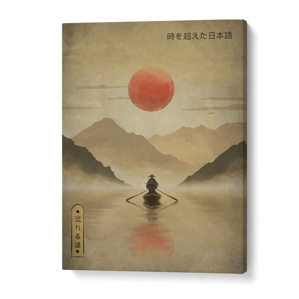 Serene RIVER OF SOLITUDE, JAPANESE PAINTINGS captures tranquil moments with mountains and a striking sunset.