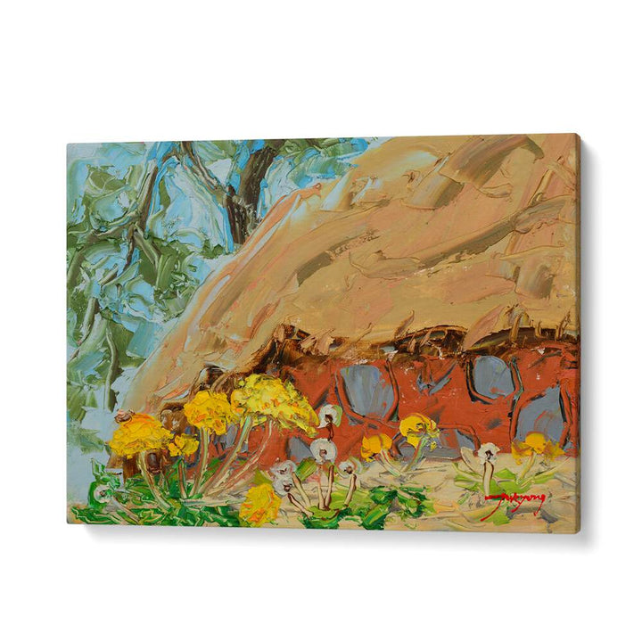 Vibrant DANDELION CANVAS, FLORAL FLOWER PAINTINGS showcase colorful blooms against a rustic background, perfect for decor.