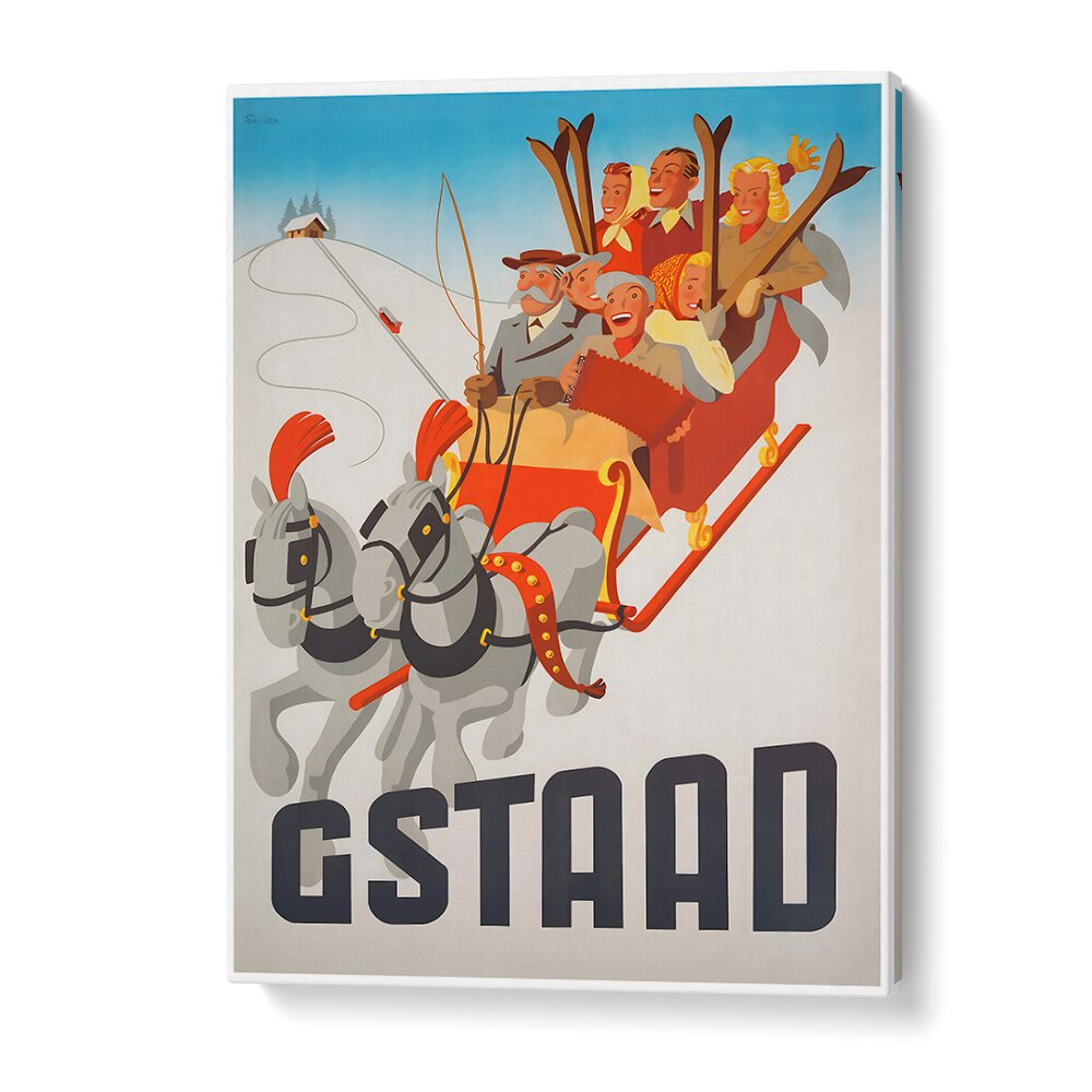 GSTAAD Vintage Travel Posters showcase joyful scenes of winter fun in the Swiss Alps, perfect for any decor.