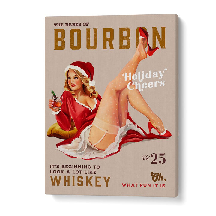 Festive BOURBON HOLIDAY, BAR art featuring a glamorous pinup in Christmas cheer, perfect for your holiday decor.