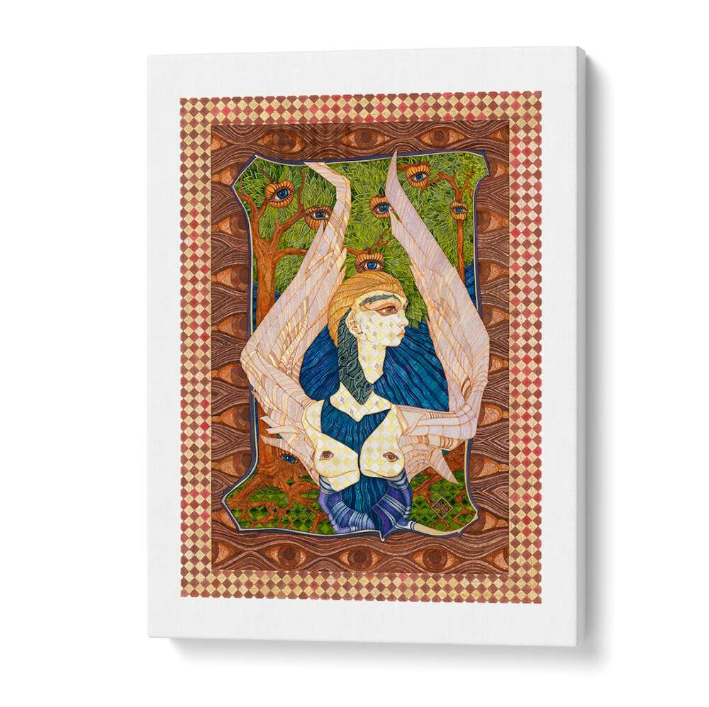 Colorful ANIOL II, PORTRAITS artwork featuring a woman with wings and vibrant nature elements, perfect for any art lover.