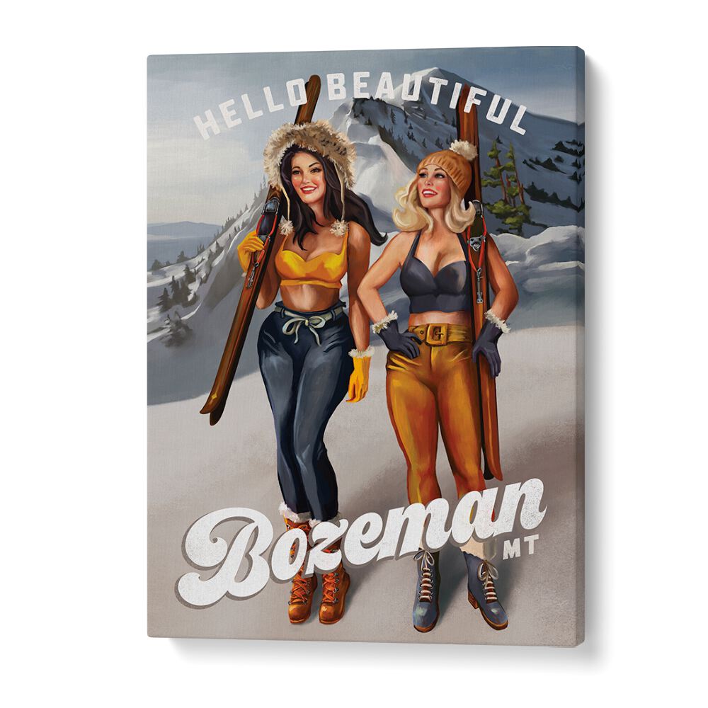 Charming winter illustration "HELLO BEAUTIFUL, PORTRAITS" featuring Bozeman ski pinup girls ready for adventure.